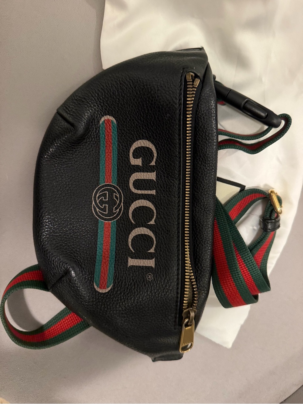 Gucci Black Leather Belt Bag with Green-Red Web Stripe